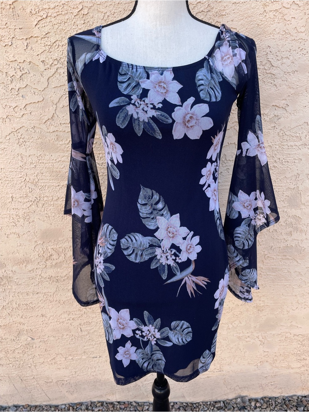 Charlotte Russe mini dress fairy bell sleeves floral dainty romantic navy medium